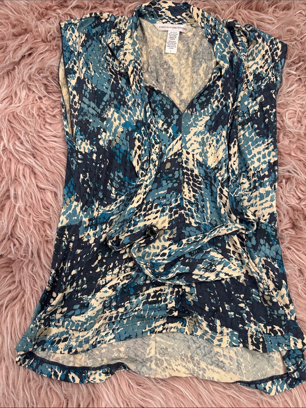 Diane Von Furstenberg Teal, Navy & Cream Abstract Wrap-Style Blouse